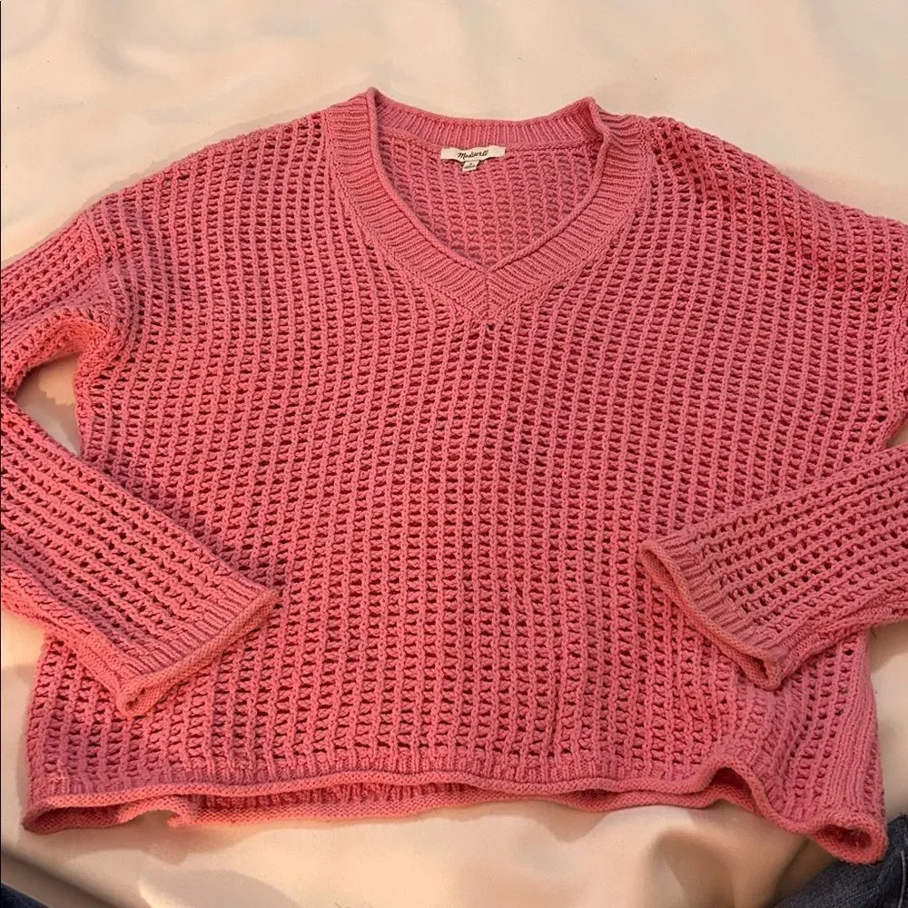 Madewell Pink Open-Knit V-Neck Sweater size medium oversized